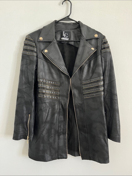 Lena Gabrielle Jackets & Blazers - LG Lena Gabrielle Black Faux Leather Moto Coat with Gold-Tone Trim Size 10